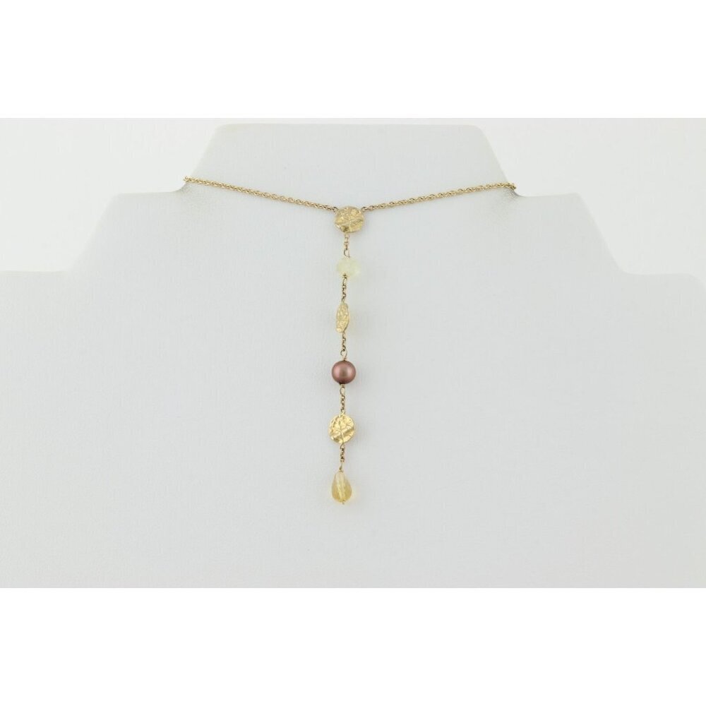 14k Yellow Gold Freshwater Brown Pearl, Quartz, Citrine Necklace Y Drop Lariat - Picture 8 of 8